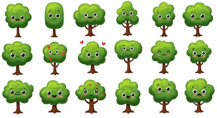 Obraz premium The Moods Of Trees A Forest Of Feelings Nature's Little Emotions Happy Tree Family Twenty Green Personalities Smiling Tree Friends Tree Expressions AI Generated