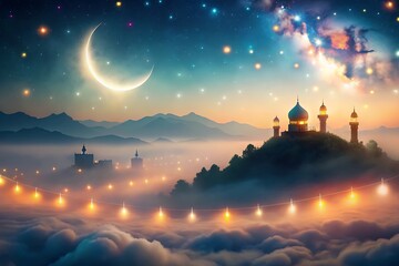 Obraz premium Magical Eid Celebration with Misty Mountain Landscape and Bright Stars