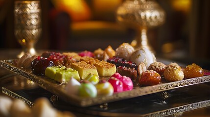 A beautifully arranged platter of traditional sweets featuring vibrant colors, intricate designs, and rich textures, showcasing a festive atmosphere