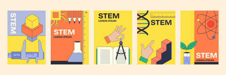 STEM concepts are depicted with geometric tools, a beaker, and a compass, reflecting Neubrutalism style.