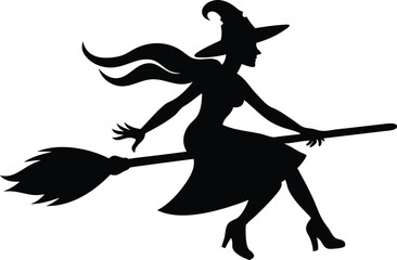 Silhouette Of A Witch Flying On A Broomstick For Halloween Night, witch, silhouette, broomstick, flying, halloween, spooky, vector, illustration, woman, hat, magic, fantasy, costume, black, white