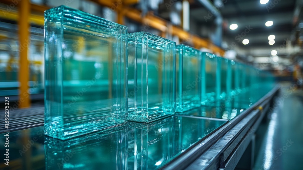 Aufkleber in a well lit industrial facility, transparent glass blocks are meticulously arranged on a conveyor 
