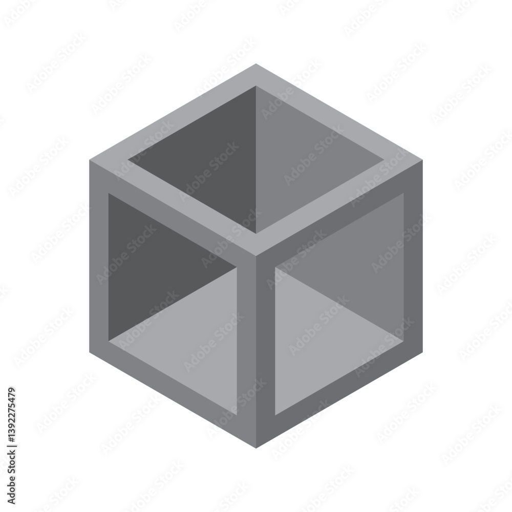 Poster isometric cube figure. three dimensional shape. dark gray volume. vector block form.