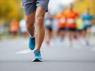 Runner in Blue Sneakers Participating in a Race with Motion Blur and Background of Competitors in Sportswear