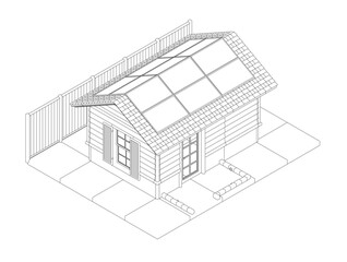 A small house with a slanted roof and a fence in the background. The house is made of wood and has a porch. Isometric view