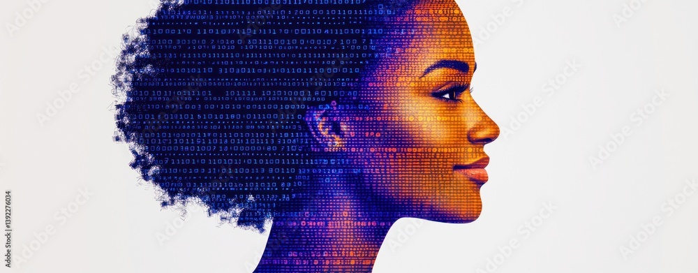 Poster a woman's profile is overlaid with digital code, symbolizing technology and human connection.