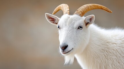 A close-up of a white goat with distinct horns, showcasing its curious expression and soft fur against a muted background.