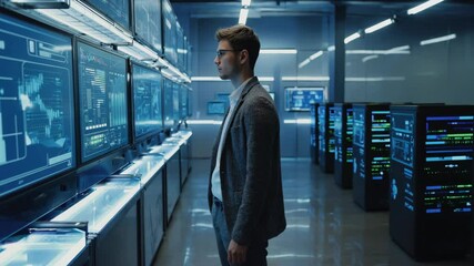 Man in server room studying digital infrastructure