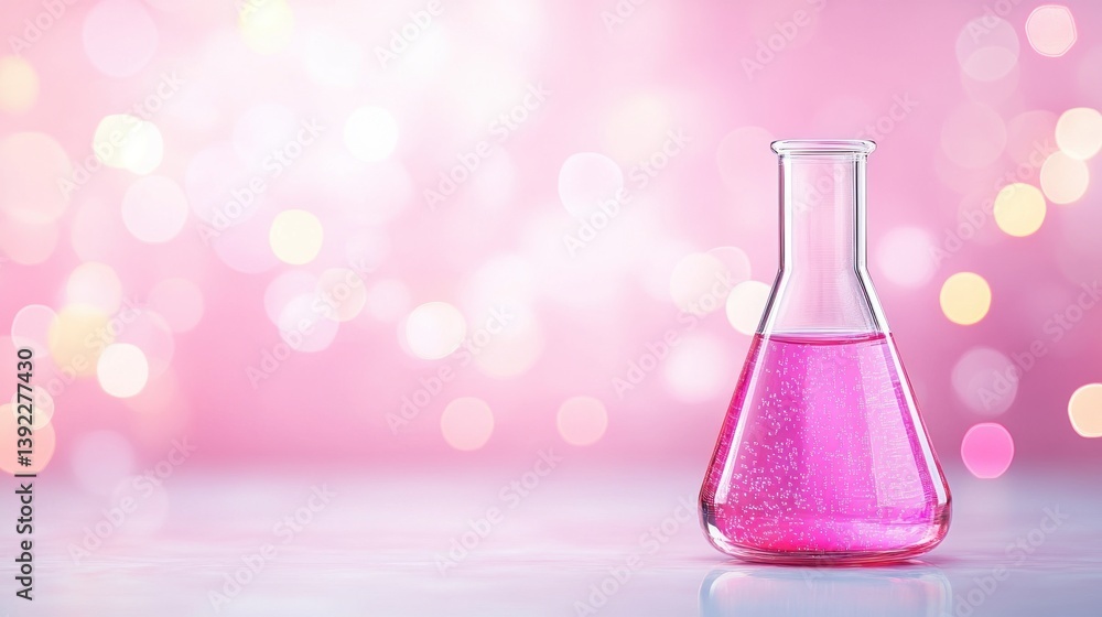 Poster A single Erlenmeyer flask contains a vibrant pink liquid with sparkles against a bokeh background.