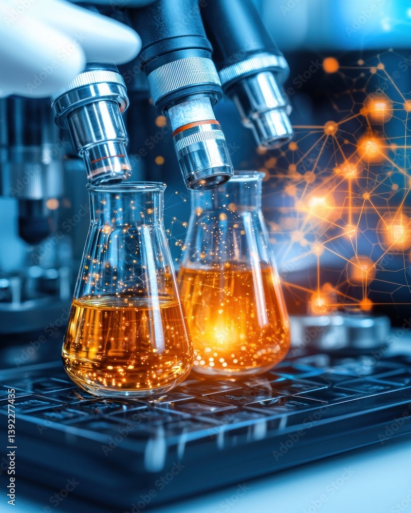 Poster A close-up view shows two Erlenmeyer flasks filled with a glowing orange liquid under powerful laboratory microscopes.