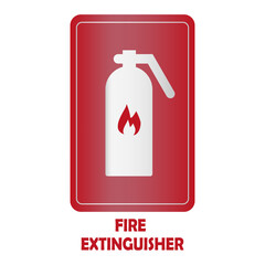 FIRE EXTINGUISHER sign. Red safety symbol. White cylinder shape. Vector rescue label.