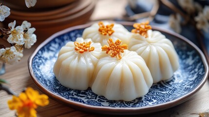 Naklejka premium Delicate white dumplings with flower-like toppings