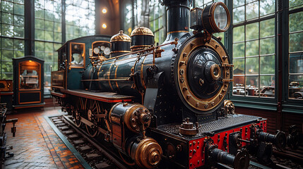 Vintage steam locomotive displayed in a historical setting.  Detailed craftsmanship and rich colors highlight its antique charm. Ideal for travel, history, or transportation themed projects.
