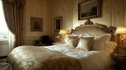 Sparkling bedroom interior with intricate details, highlighting luxurious decor and lighting. 