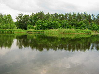 Serene lake reflecting lush green trees under a cloudy sky. Perfect peaceful nature scene.