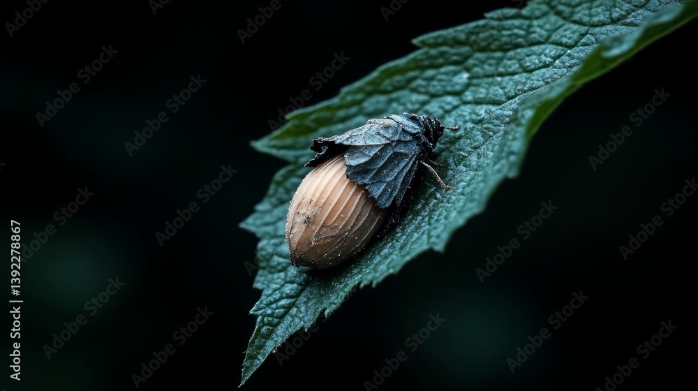 Poster close-up of a light brown insect with a dark gray carapace resting on a dark green leaf against a bl
