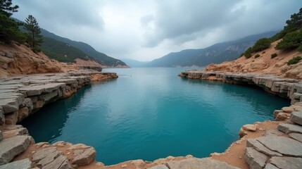 Fototapeta premium Panoramic shot of Papingo Rock Pools, Greece, during a mild, rainy winter midday.