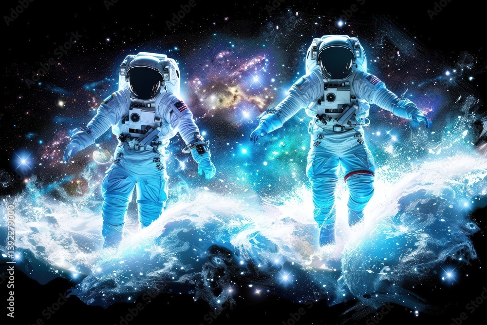 Poster two astronauts floating in a cosmic scene filled with stars and waves.