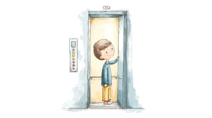 Lift Off: A charming illustration depicts a young individual inside an elevator, reaching out as the doors open.  Evoking a sense of anticipation and the simple pleasures of daily routines.