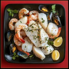 seafood on a black plate, there are shrimp, shellfish, and others, sprinkled with spices, also orange, very delicious, appetizing