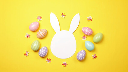 Bright Easter Flat-Lay with White Egg Cut-Out on Yellow Background, Surrounded by Bunny Ears, Pastel Eggs, and Spring Florals – High-Clarity Symmetrical Holiday Template