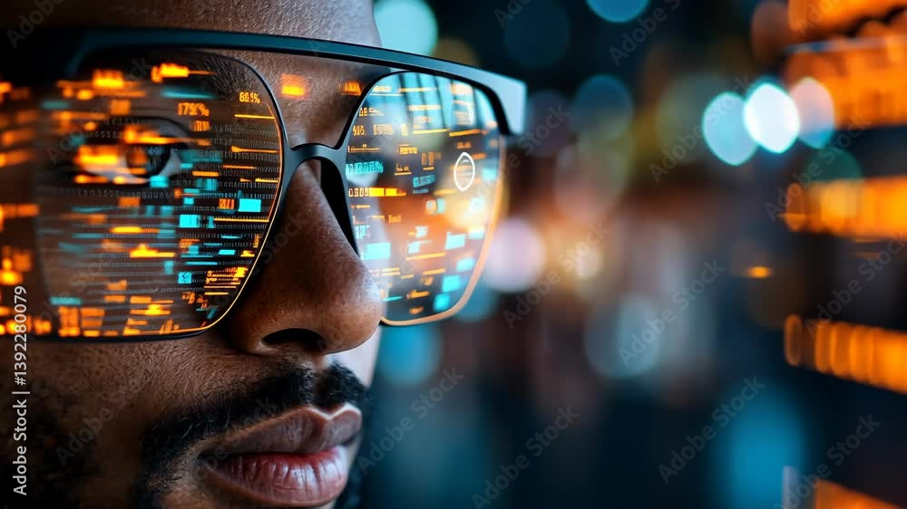 Poster man wearing futuristic glasses with digital data overlay, displaying complex software, technology an
