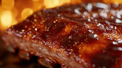 Close-up of succulent glazed ribs with a shimmering sauce against a warm backdrop