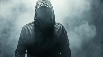 Mysterious hooded figure shrouded in smoke against a dark background, creating suspenseful and ominous mood.
