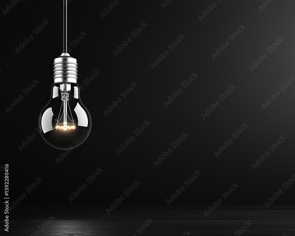 Poster A single illuminated lightbulb hangs from a cord against a stark black background, creating a minimalist design.
