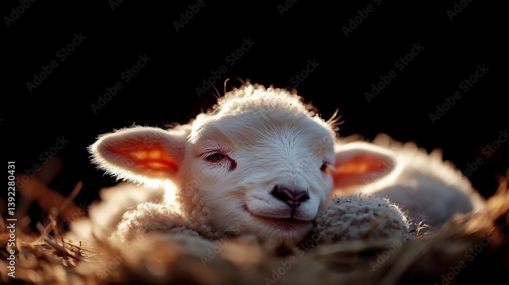 Poster adorable newborn lamb resting in hay, illuminated by warm sunlight against a dark background. its so