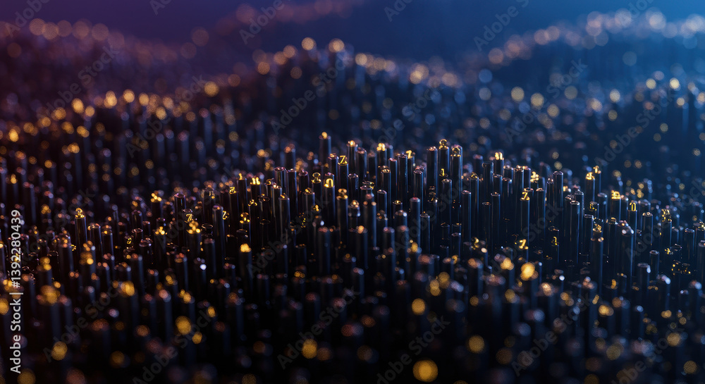 Poster abstract data landscape: golden letters & numbers on dark cylinders, futuristic tech texture, digita