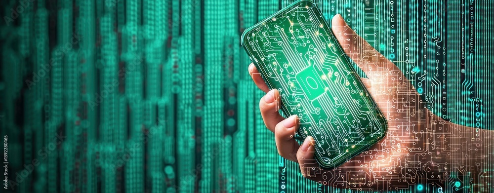 Poster A hand holds a smartphone displaying a circuit board against a digital binary code background.
