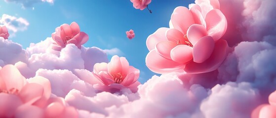 Pink flowers floating in fluffy clouds
