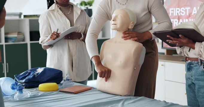 People, hands or dummy for first aid training for rescue safety, demonstration lesson or education test. Paramedic, presentation or assessment for medical emergency, learning procedure or life saving