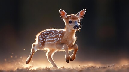 A young fawn with white spots runs through a dusky forest clearing, kicking up dust. Warm, golden light illuminates the scene