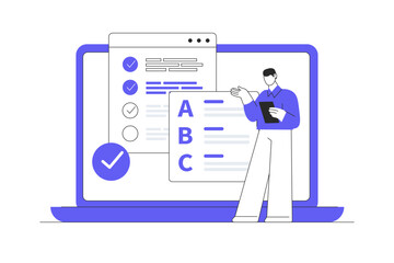Online education. Online testing concept, E-learning. Create test. Online tutoring. Remote learning. Flat Cartoon Vector Illustration, icon. Stylish abstract design