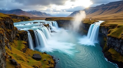 Fototapeta premium A stunning panoramic view of the Vøringsfossen waterfall in Norway at midday, under bright sunshine.