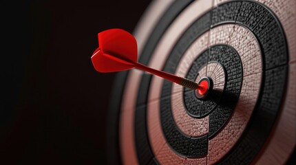 Bullseye dartboard with red dart hitting center target symbolizing accuracy, focus, goals, achievement, success and strategic planning