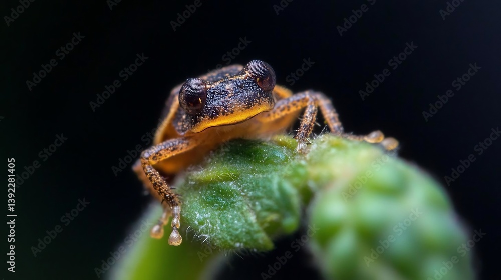 Poster close-up of a tiny orange and brown frog perched on a vibrant green leaf against a dark background. 