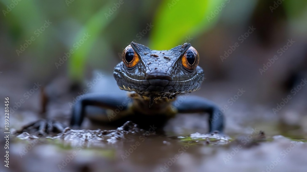 Poster close-up view of a small lizard with dark gray skin and vibrant orange eyes, positioned in a muddy e