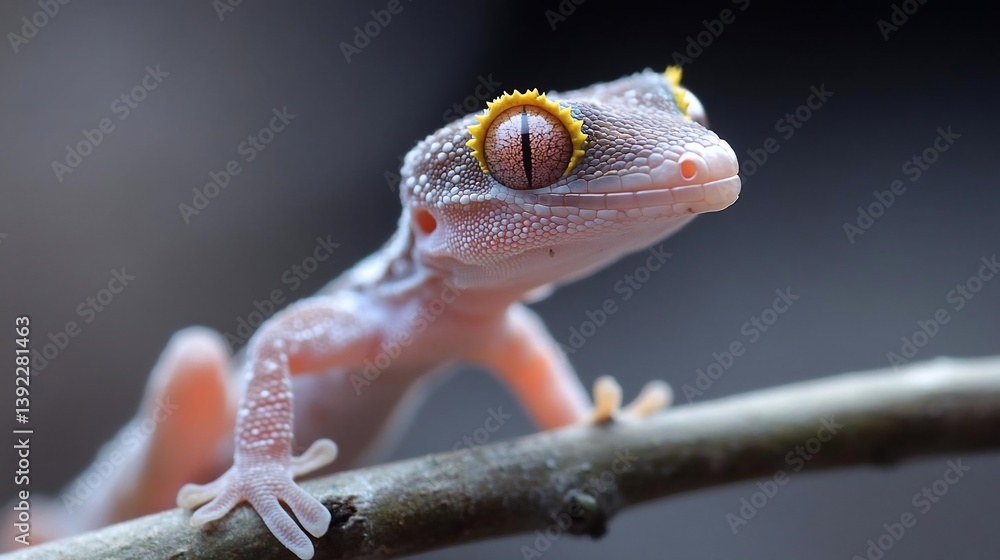 Poster close-up of a small pink gecko with yellow eyes perched on a twig against a blurred background