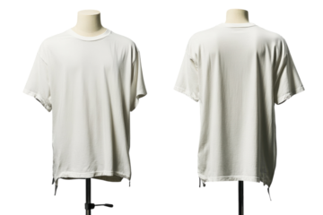 Distressed off white oversized t shirt front and back view neutral background studio shot isolated on transparent background
