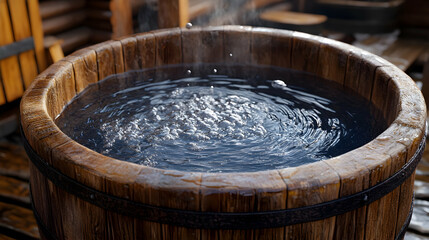 Fototapeta premium Wooden Barrel Hot Tub, Steam Rising, Outdoor Relaxation