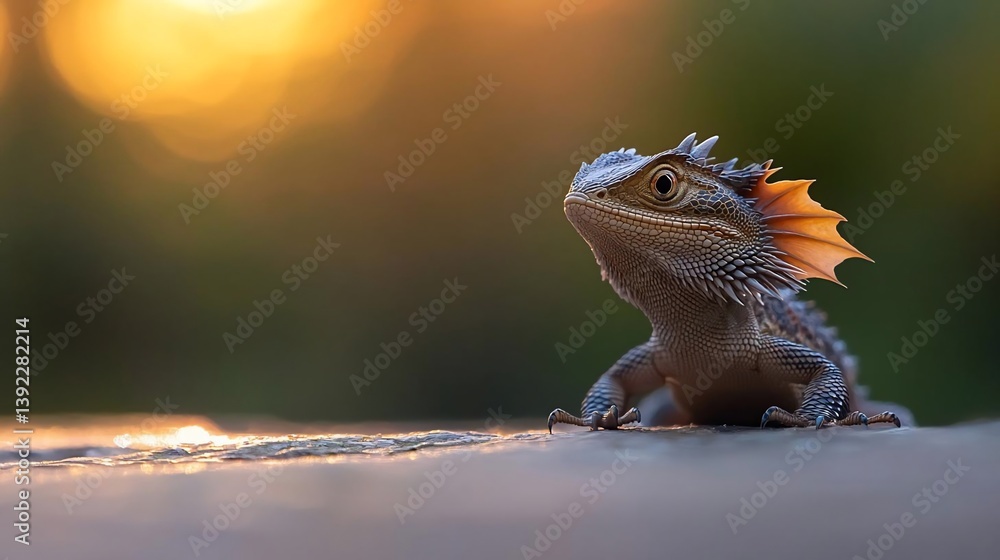 Poster close-up of a brown lizard with a ruffled crest, perched on a stone surface at sunset. warm, golden 