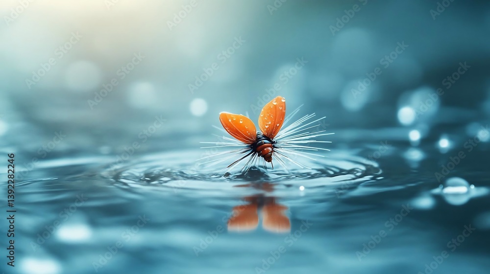 Poster Orange insect with translucent wings landing on calm teal water, creating ripples. Soft, diffused sunlight. Detailed macro shot