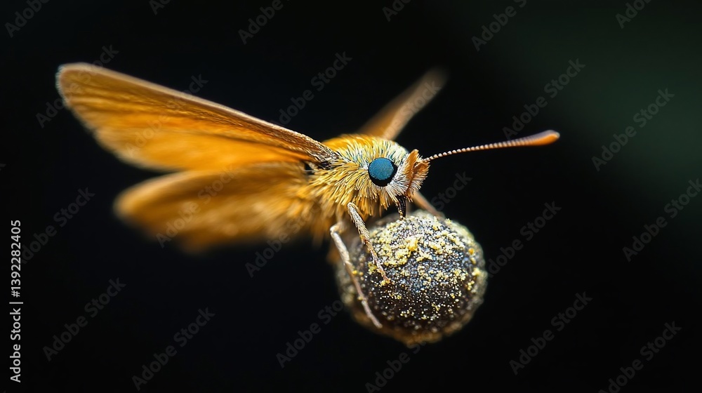 Poster close-up of a vibrant yellow butterfly with teal eyes delicately perched on a pollen-dusted sphere a
