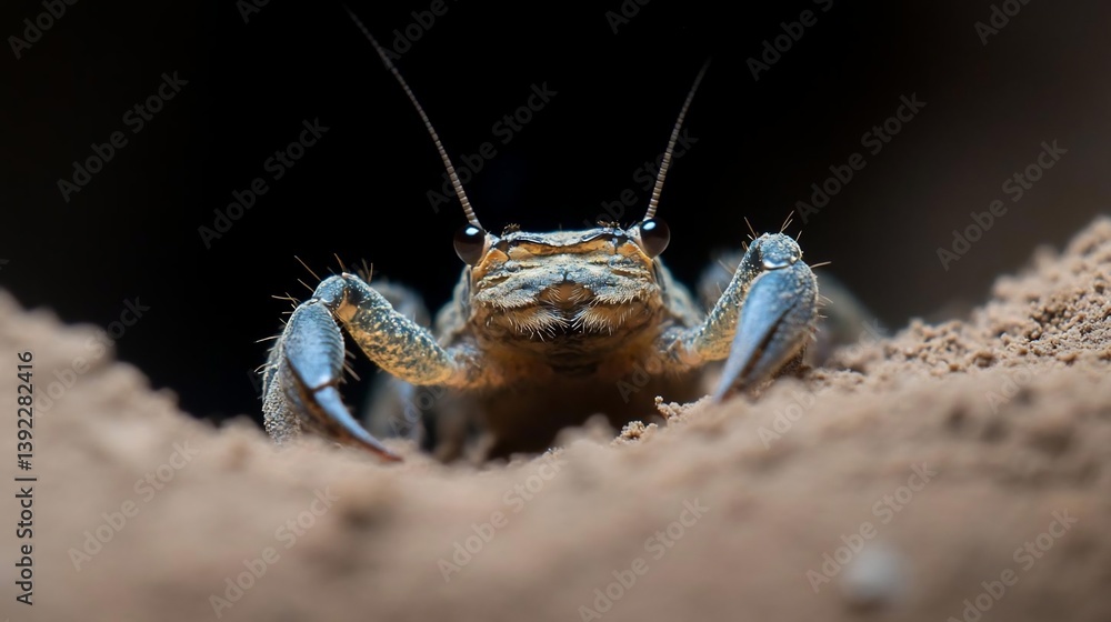 Poster close-up view of a small crustacean, predominantly brown and blue, emerging from a burrow in light b