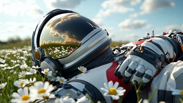 A man in a space suit laying in a field of daisies 02