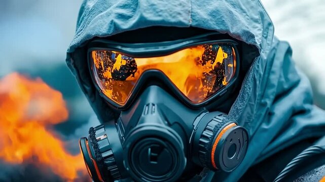 A man wearing a gas mask and goggles in front of a fire