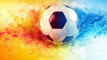 Fototapeta premium Dynamic colorful abstract background featuring soccer ball motion, vibrant paint splashes, and energetic patterns ideal for football posters, sports promotions, and athletic-themed designs